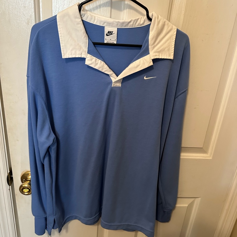 Nike Blue and White Long Sleeve Polo